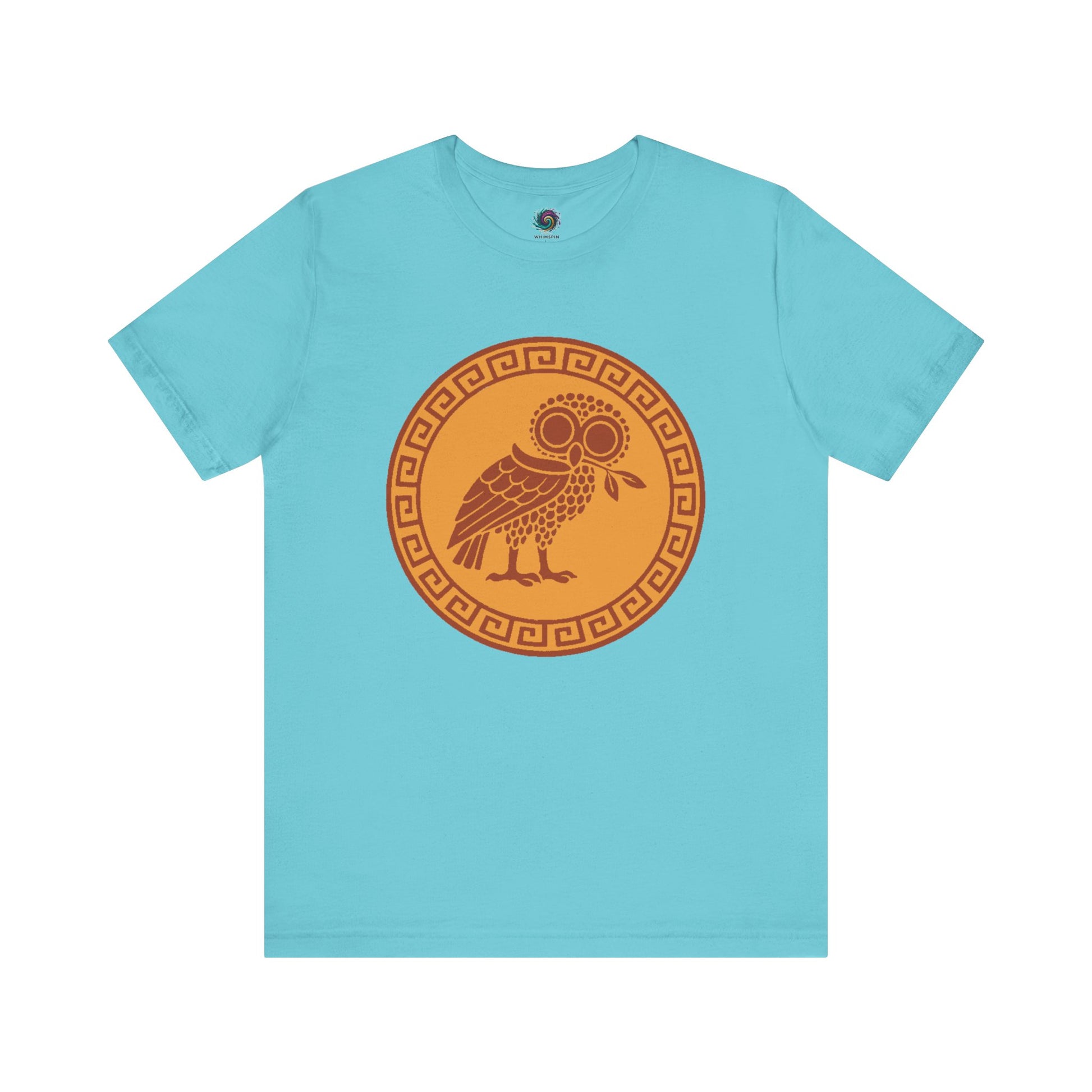 Athena’s Owl T-Shirt in vibrant turquoise, symbolizing divine insight and featuring Athena’s owl in flight, perfect for mythology fans.