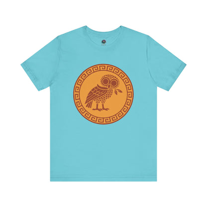 Athena’s Owl T-Shirt in vibrant turquoise, symbolizing divine insight and featuring Athena’s owl in flight, perfect for mythology fans.