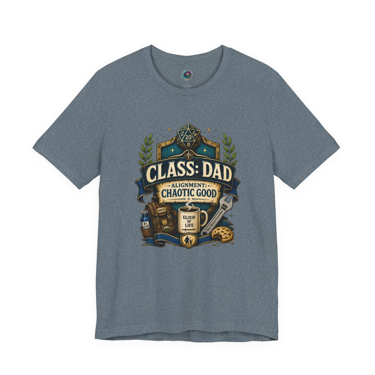 Heather Slate Chaotic Good Dad T-Shirt with humorous tabletop gamer artwork and fantasy-inspired fatherhood design