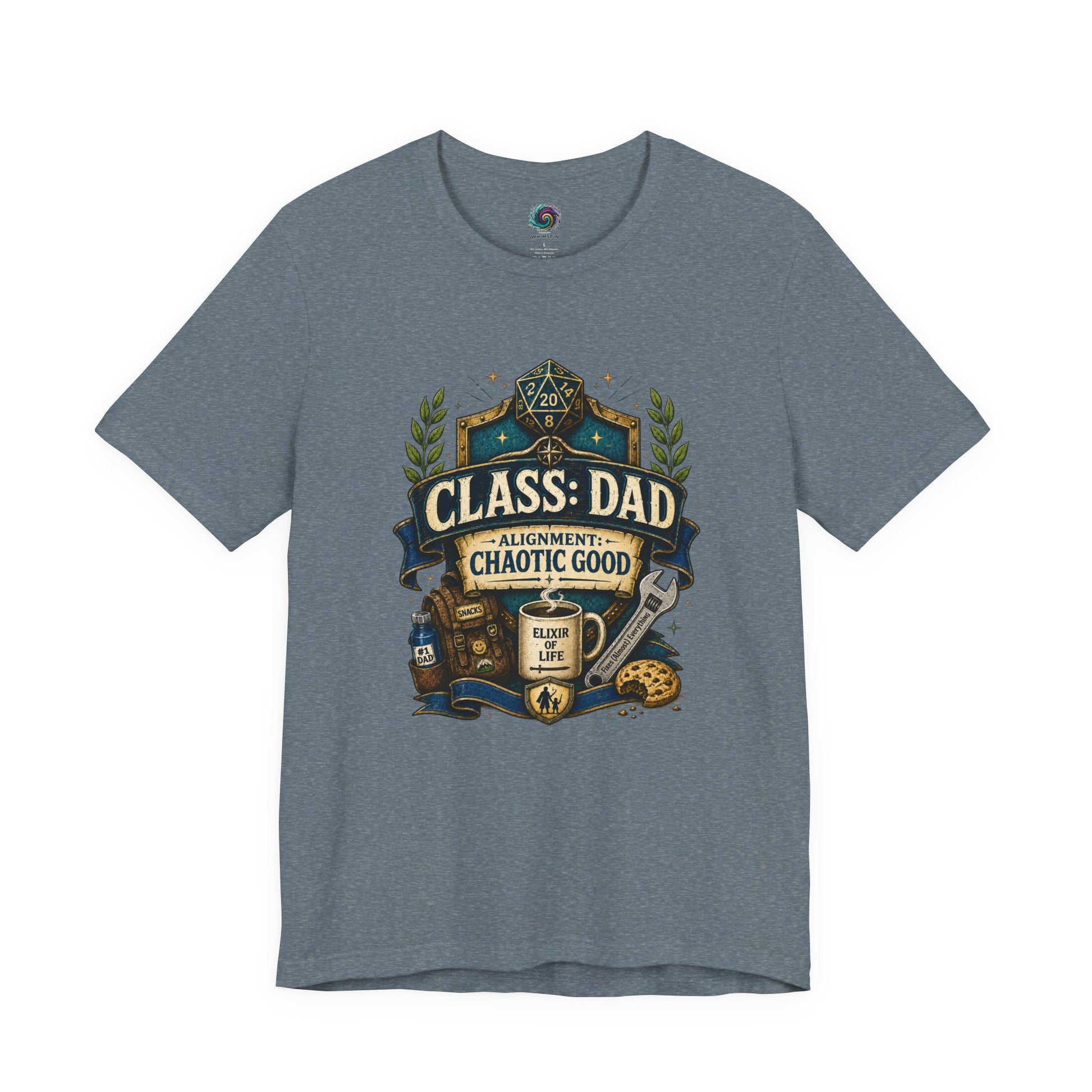 Heather Slate Chaotic Good Dad T-Shirt with humorous tabletop gamer artwork and fantasy-inspired fatherhood design
