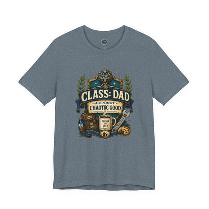Heather Slate Chaotic Good Dad T-Shirt with humorous tabletop gamer artwork and fantasy-inspired fatherhood design