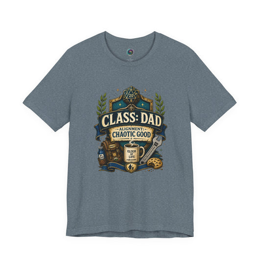 Heather Slate Chaotic Good Dad T-Shirt with humorous tabletop gamer artwork and fantasy-inspired fatherhood design