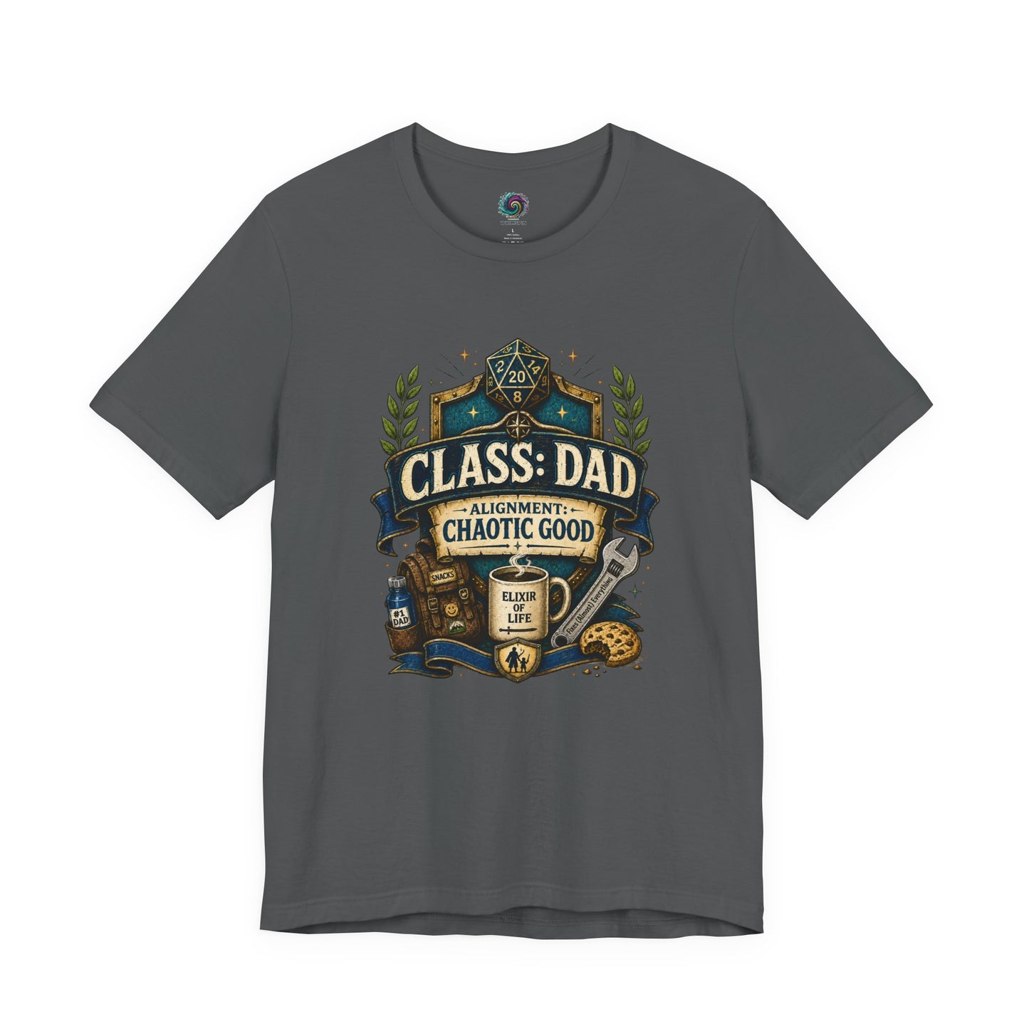 Chaotic Good Dad T-Shirt – RPG Gamer Dad Graphic Tee in Asphalt featuring tabletop gaming inspired dad crest with dice, snacks, coffee, and wrench artwork