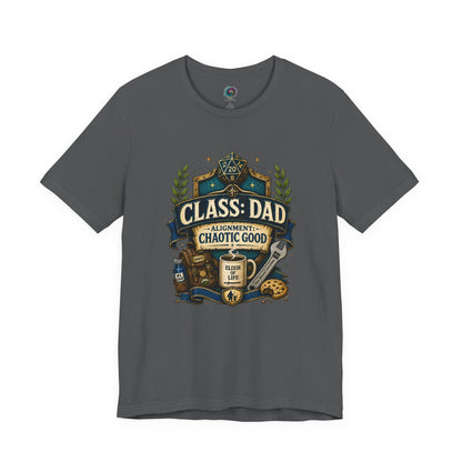 Chaotic Good Dad T-Shirt – RPG Gamer Dad Graphic Tee in Asphalt featuring tabletop gaming inspired dad crest with dice, snacks, coffee, and wrench artwork