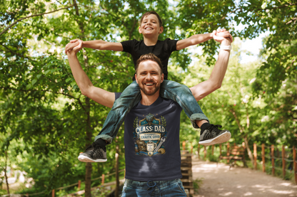 Man carrying a child on his shoulders with a forest background in an asphalt colored Chaotic Good Dad T-Shirt – RPG Gamer Dad Graphic Tee