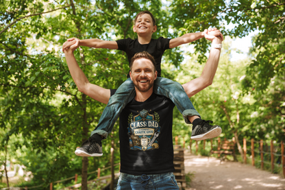 Man carrying a child on his shoulders with trees in the background Chaotic Good Dad T-Shirt – RPG Gamer Dad Graphic Tee in black