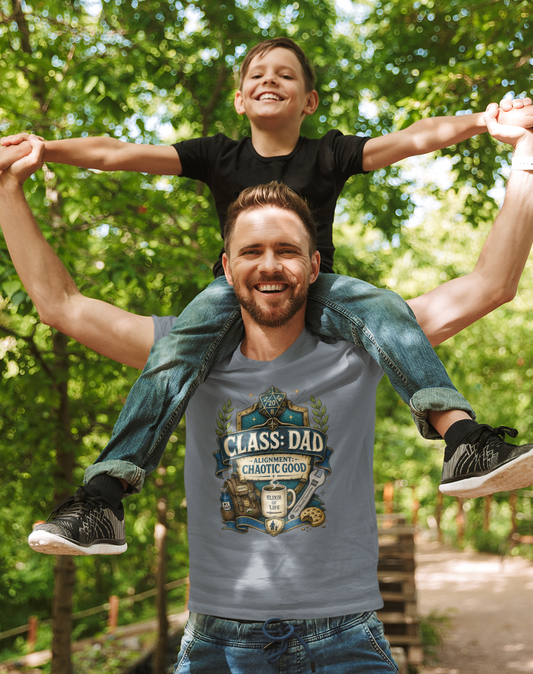 Man carrying a child on his shoulders with a forest background wear a Chaotic Good Dad T-Shirt – RPG Gamer Dad Graphic Tee