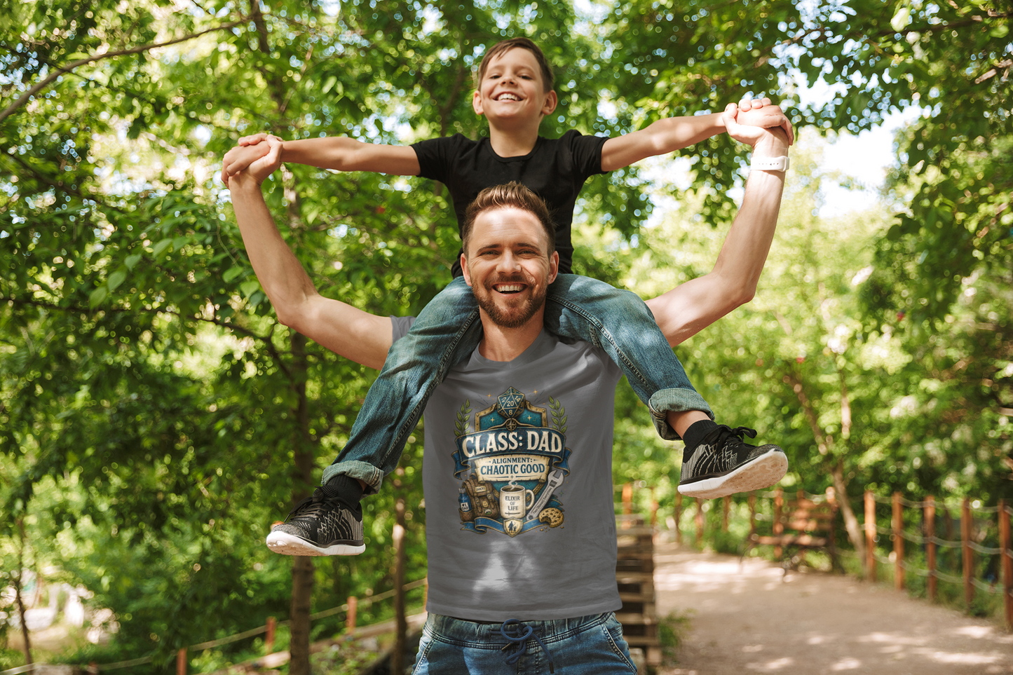 Man carrying a child on his shoulders with a forest background Chaotic Good Dad T-Shirt – RPG Gamer Dad Graphic Tee in gray