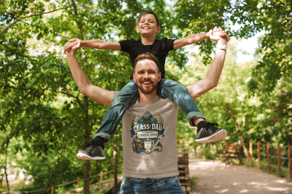 Man carrying a child on his shoulders with a forest background Chaotic Good Dad T-Shirt – RPG Gamer Dad Graphic Tee in heather  tan