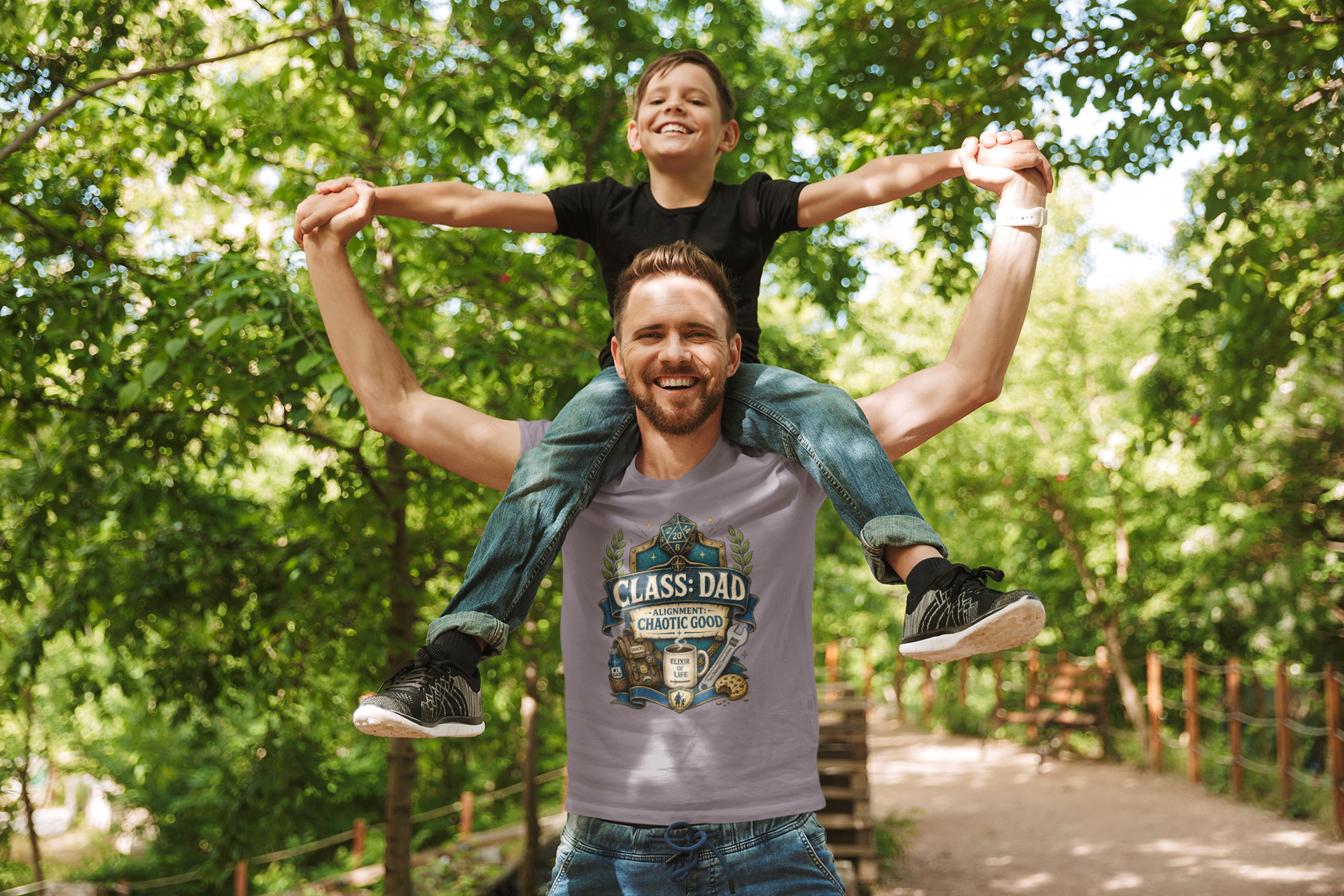 Man carrying a child on his shoulders with a forest background wearing a Chaotic Good Dad T-Shirt – RPG Gamer Dad Graphic Tee in heather team purple