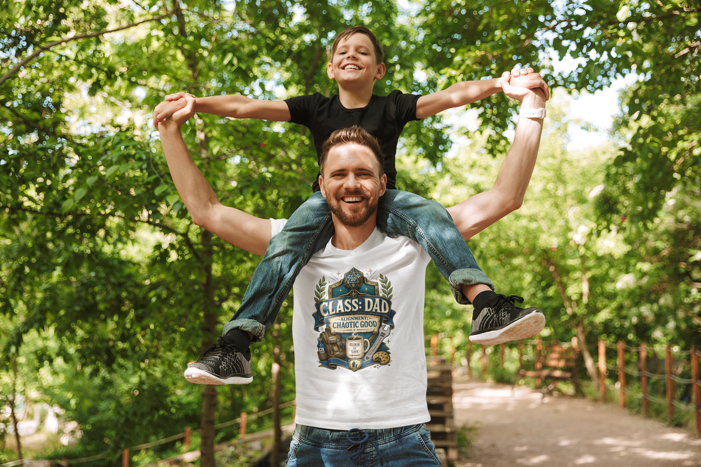 Man carrying a child on his shoulders with a forest background wearing a Chaotic Good Dad T-Shirt – RPG Gamer Dad Graphic Tee in white