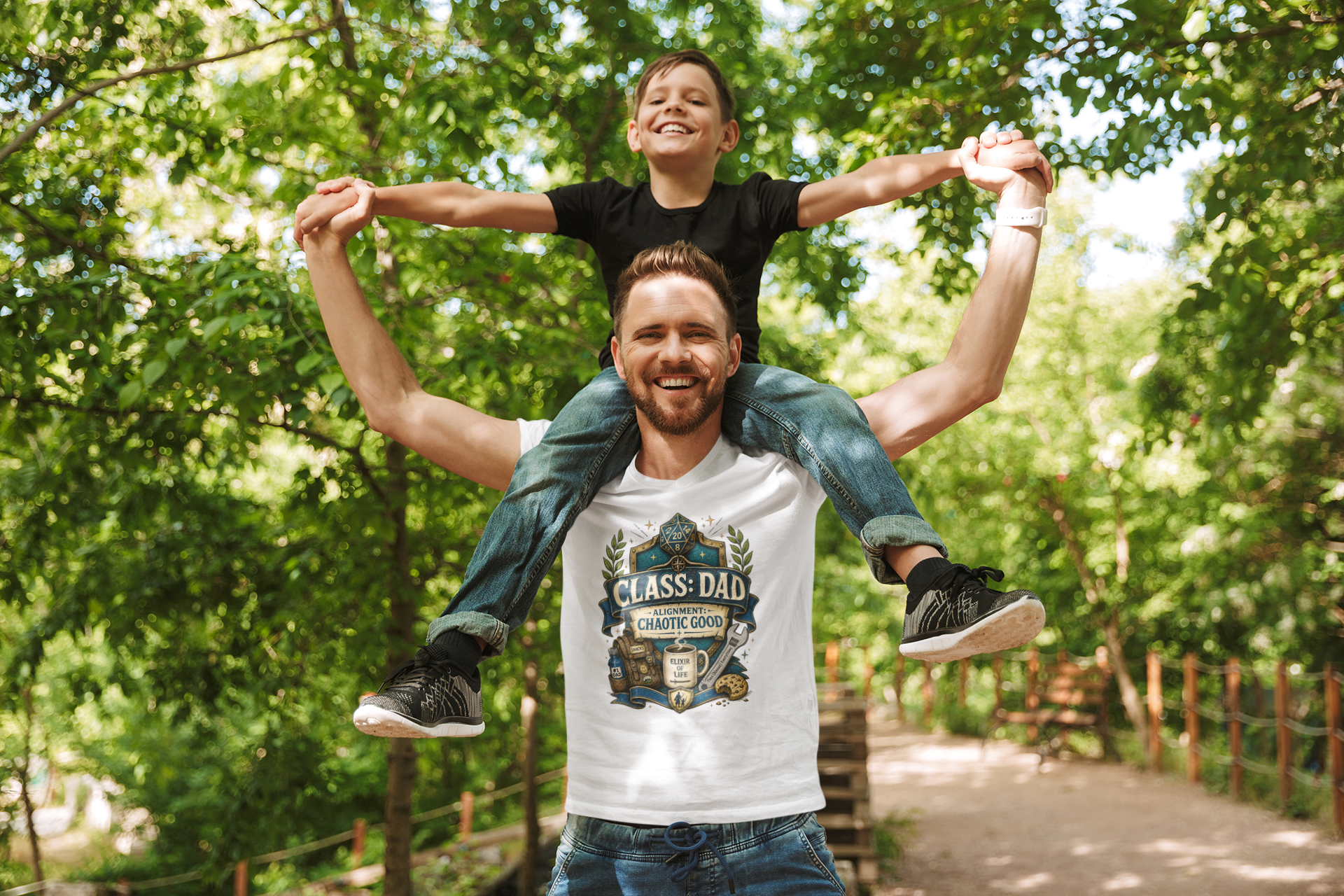 Man carrying a child on his shoulders with a forest background wearing a Chaotic Good Dad T-Shirt – RPG Gamer Dad Graphic Tee in white