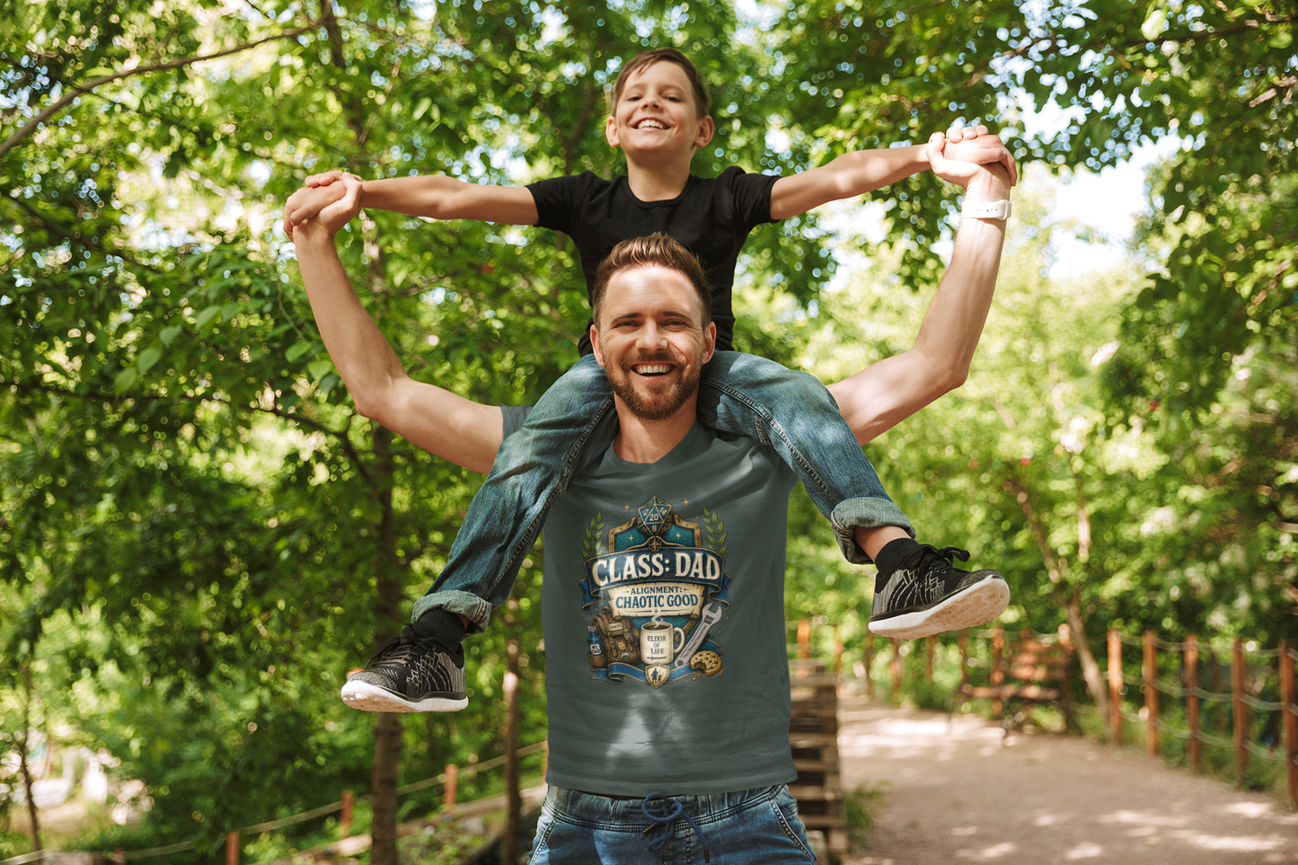 Man carrying a child on his shoulders with a forest background wearing a Chaotic Good Dad T-Shirt – RPG Gamer Dad Graphic Tee in military green