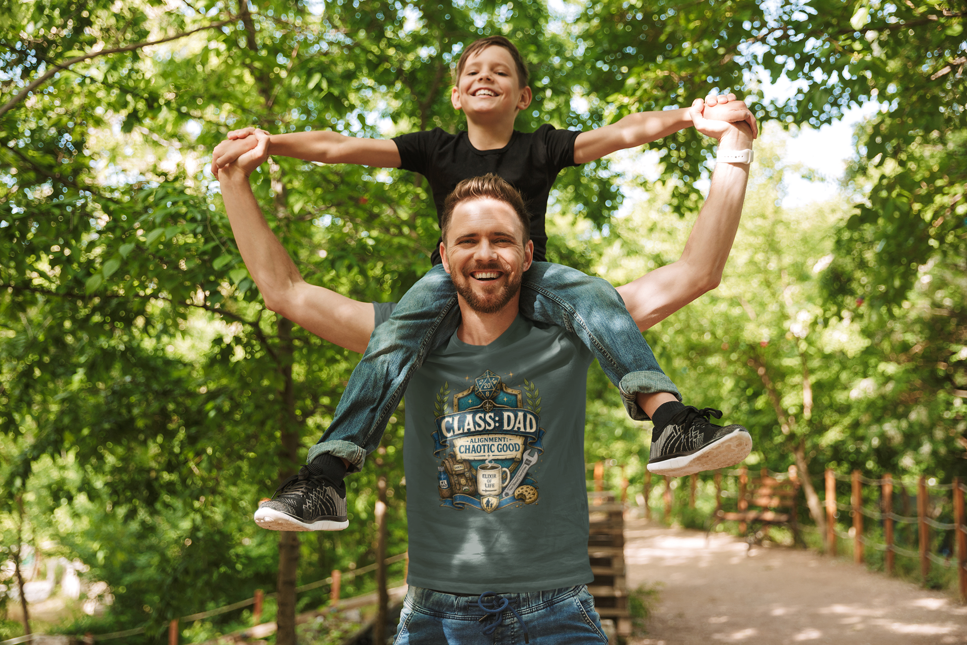 Man carrying a child on his shoulders with a forest background wearing a Chaotic Good Dad T-Shirt – RPG Gamer Dad Graphic Tee in military green