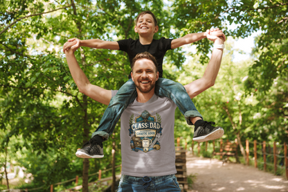 Man carrying a child on his shoulders with a forest background wearing a Chaotic Good Dad T-Shirt – RPG Gamer Dad Graphic Tee in pebble brown