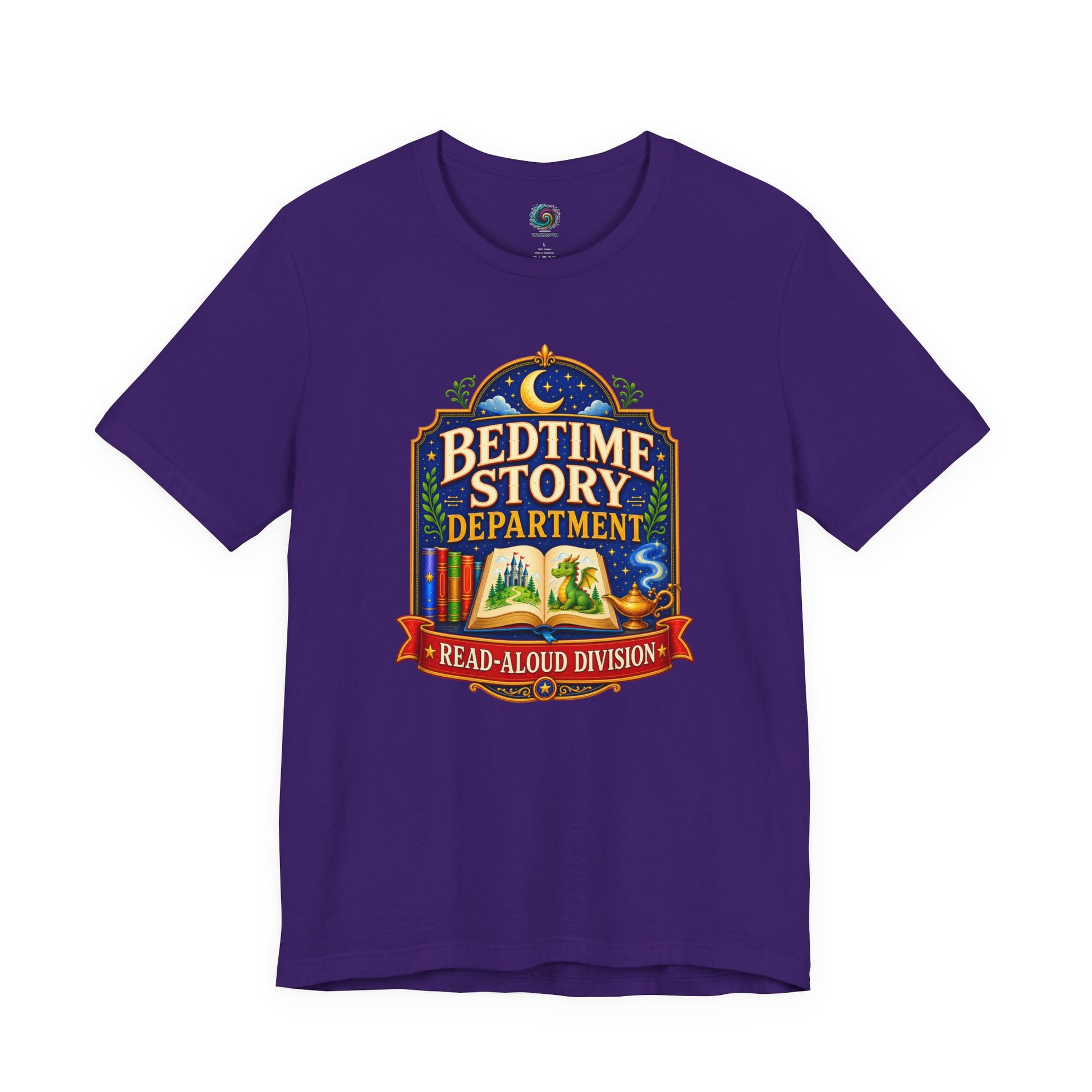 Bedtime Story Department T-Shirt – Read-Aloud Parent Tee on team purple for bedtime story heroes and sleepy little listeners.