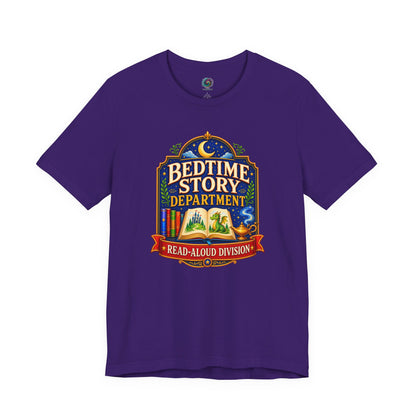 Bedtime Story Department T-Shirt – Read-Aloud Parent Tee on team purple for bedtime story heroes and sleepy little listeners.