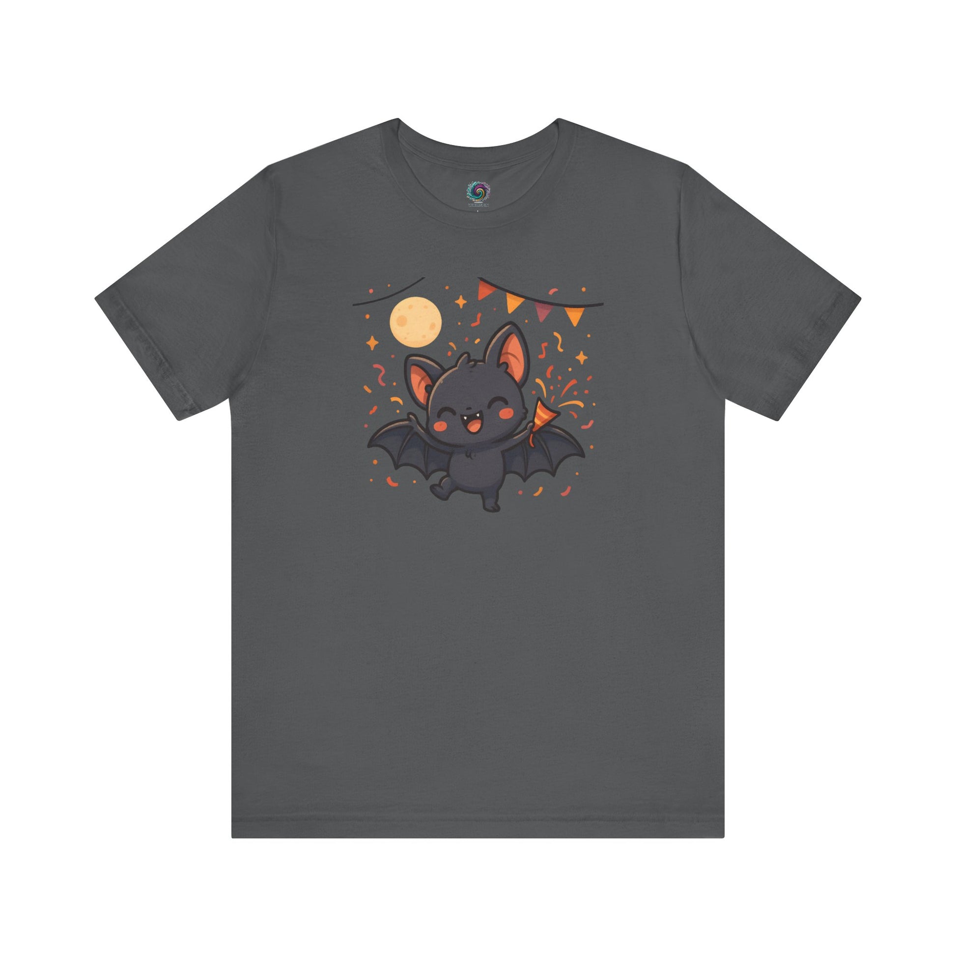 Chibi Bat T-Shirt – Cute Bat Chibi Halloween Shirt for All Ages in asphalt gray, featuring a cheerful bat under a festive full moon with confetti and music notes.