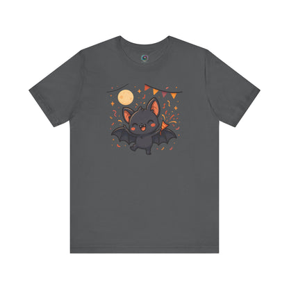 Chibi Bat T-Shirt – Cute Bat Chibi Halloween Shirt for All Ages in asphalt gray, featuring a cheerful bat under a festive full moon with confetti and music notes.