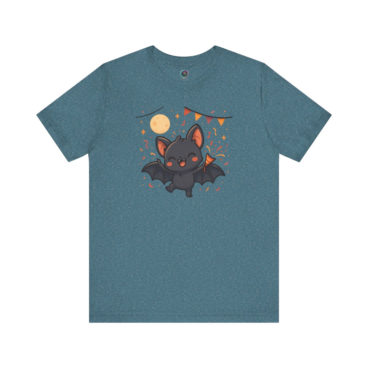 Chibi Bat T-Shirt – Cute Bat Chibi Halloween Shirt for All Ages in heather deep teal with a grinning cartoon bat holding candy amid colorful party streamers.