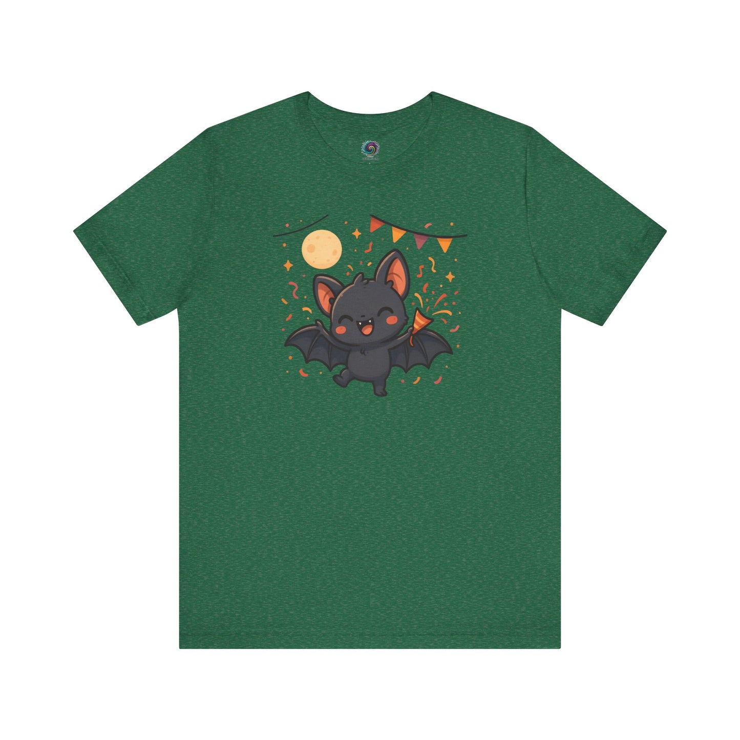 Chibi Bat T-Shirt – Cute Bat Chibi Halloween Shirt for All Ages in heather grass green featuring a party-ready cartoon bat surrounded by Halloween motifs.
