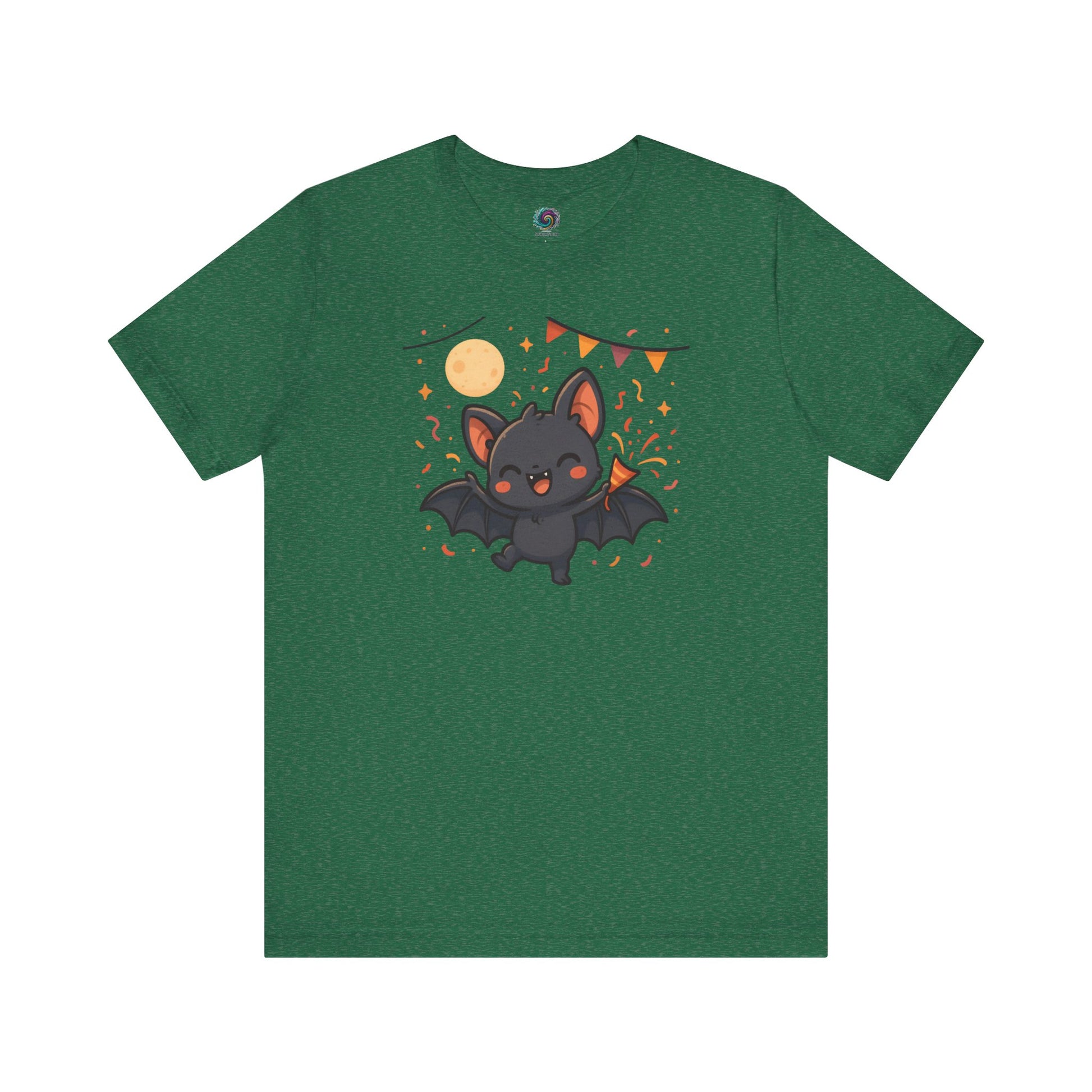 Chibi Bat T-Shirt – Cute Bat Chibi Halloween Shirt for All Ages in heather grass green featuring a party-ready cartoon bat surrounded by Halloween motifs.