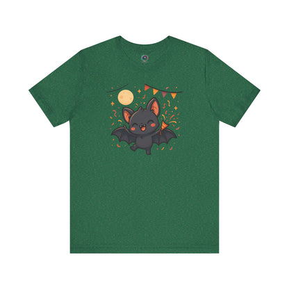 Chibi Bat T-Shirt – Cute Bat Chibi Halloween Shirt for All Ages in heather grass green featuring a party-ready cartoon bat surrounded by Halloween motifs.