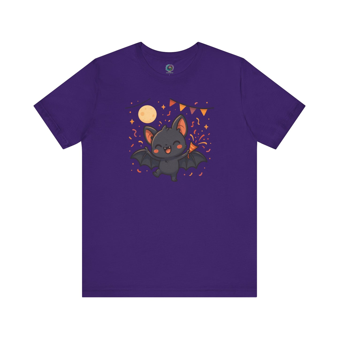 Chibi Bat T-Shirt – Cute Bat Chibi Halloween Shirt for All Ages in team purple, featuring a smiling bat with upraised wings under a full moon and bunting.