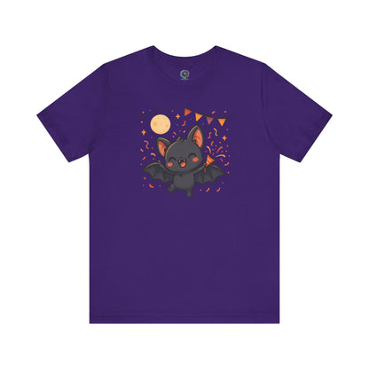 Chibi Bat T-Shirt – Cute Bat Chibi Halloween Shirt for All Ages in team purple, featuring a smiling bat with upraised wings under a full moon and bunting.