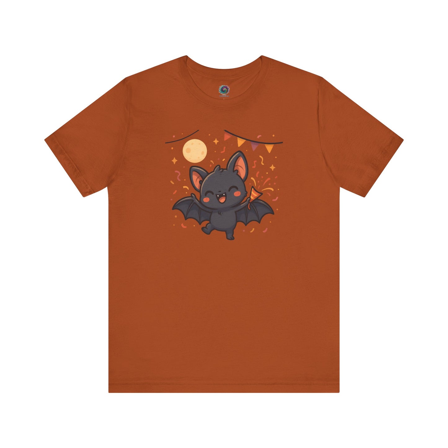 Chibi Bat T-Shirt – Cute Bat Chibi Halloween Shirt for All Ages in autumn orange featuring a flying cartoon bat with celebratory streamers.
