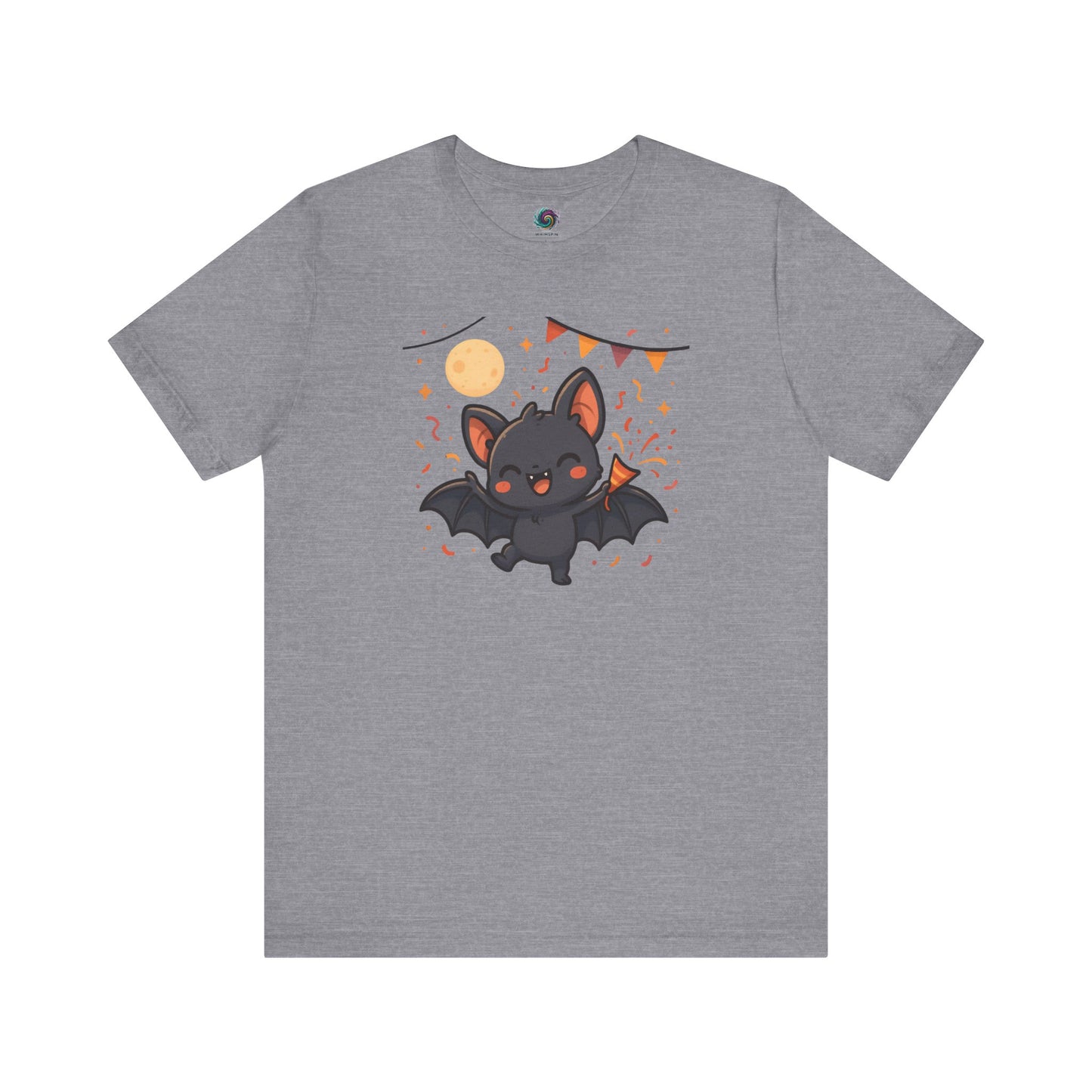 Chibi Bat T-Shirt – Cute Bat Chibi Halloween Shirt for All Ages in heather storm gray, decorated with a festive bat design and colorful accents.