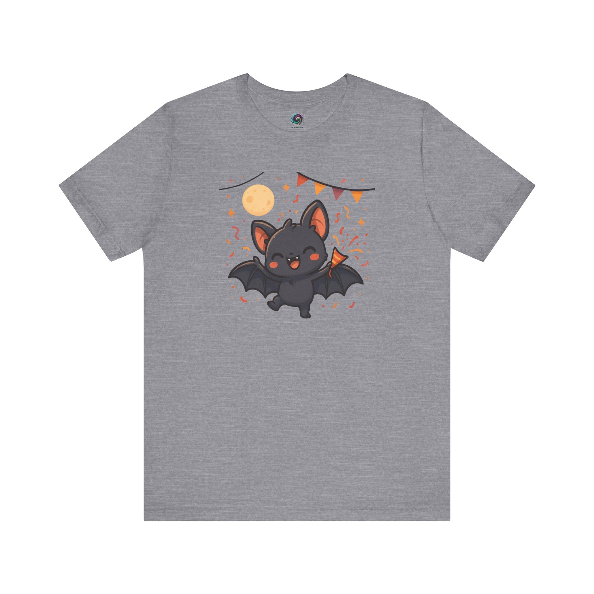 Chibi Bat T-Shirt – Cute Bat Chibi Halloween Shirt for All Ages in heather storm gray, decorated with a festive bat design and colorful accents.