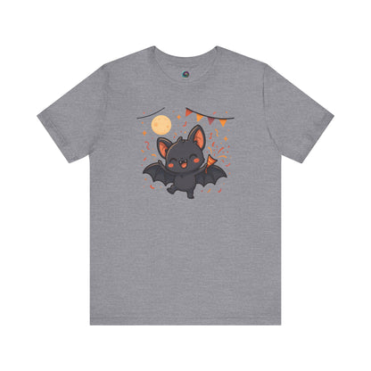 Chibi Bat T-Shirt – Cute Bat Chibi Halloween Shirt for All Ages in heather storm gray, decorated with a festive bat design and colorful accents.