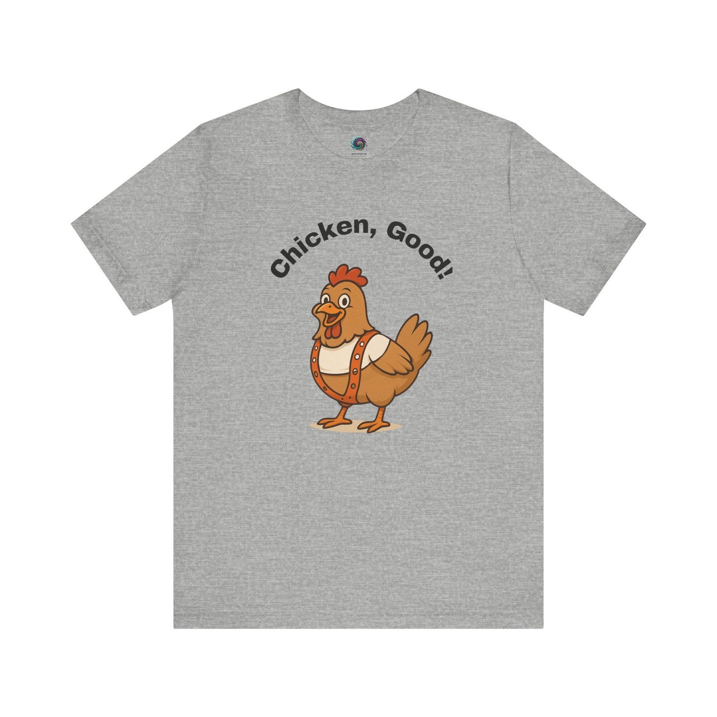 Chicken Good T-Shirt – Sci-Fi Divine Being Parody Chicken Tee in athletic heather laid flat showing comic-style chicken in a white tank top and orange suspenders design - 5th element parody
