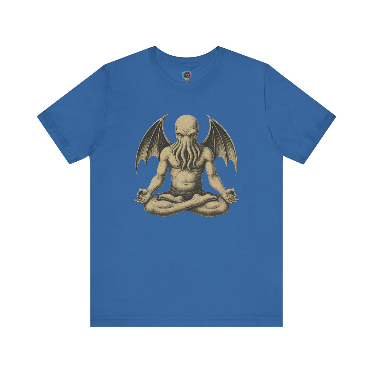 Meditating Cthulhu Shirt – Unisex Mythos Tee for Sci-Fi & Festival Fans in Columbia blue, a relaxed yet bold shirt for those who like their cosmic gods serene.
