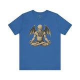 Meditating Cthulhu Shirt – Unisex Mythos Tee for Sci-Fi & Festival Fans in Columbia blue, a relaxed yet bold shirt for those who like their cosmic gods serene.