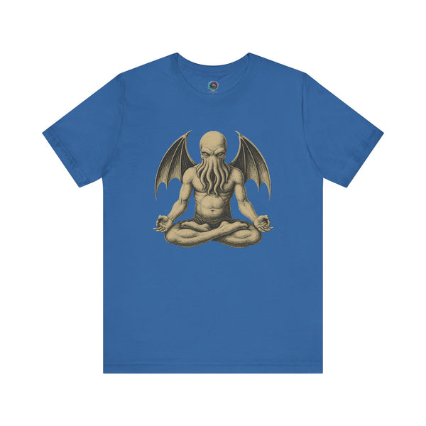 Meditating Cthulhu Shirt – Unisex Mythos Tee for Sci-Fi & Festival Fans in Columbia blue, a relaxed yet bold shirt for those who like their cosmic gods serene.