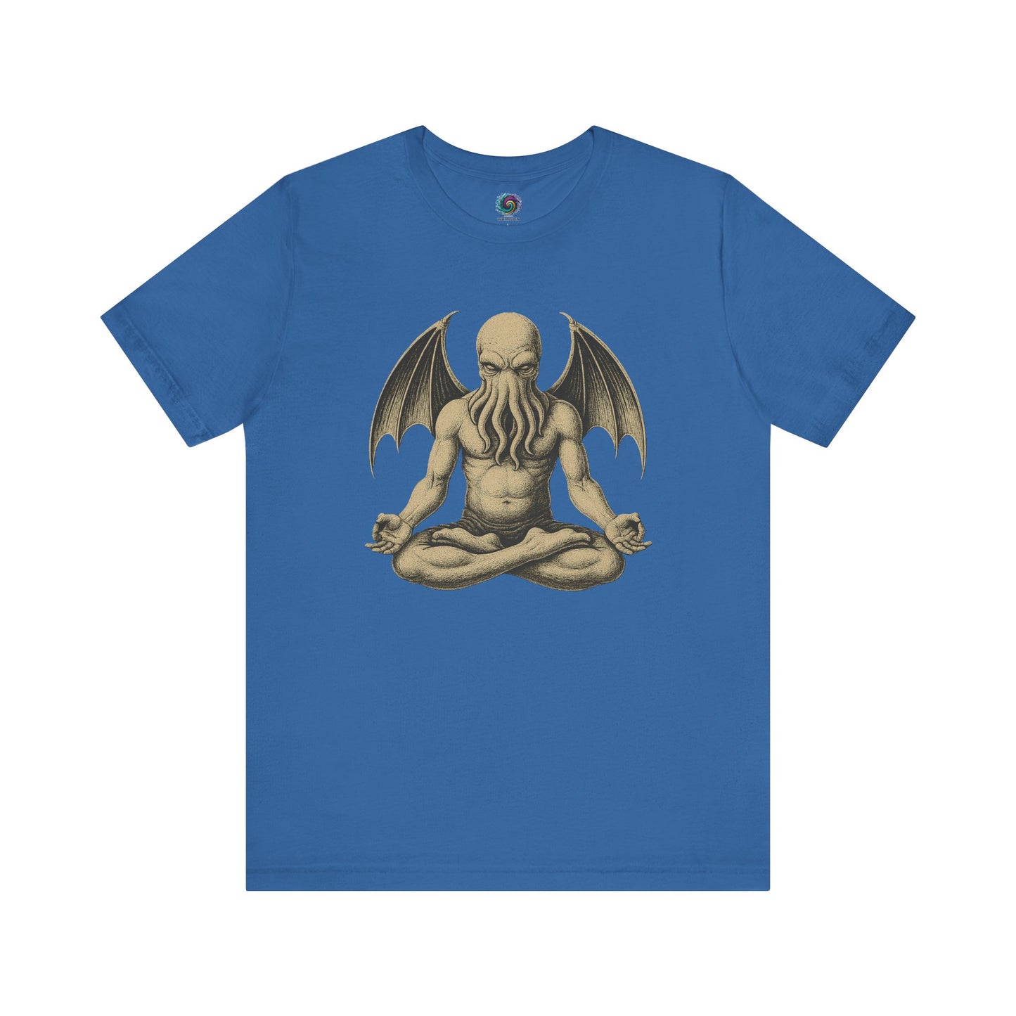Meditating Cthulhu Shirt – Unisex Mythos Tee for Sci-Fi & Festival Fans in Columbia blue, a relaxed yet bold shirt for those who like their cosmic gods serene.