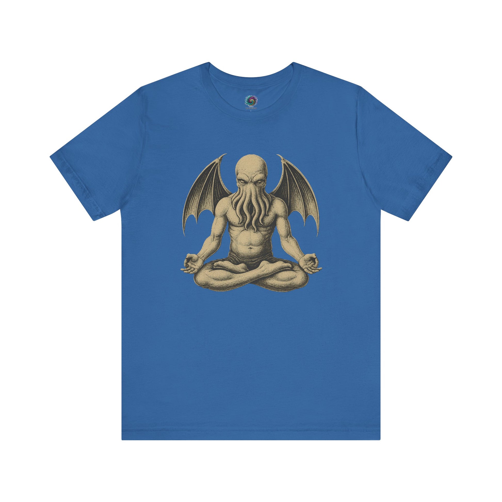 Meditating Cthulhu Shirt – Unisex Mythos Tee for Sci-Fi & Festival Fans in Columbia blue, a relaxed yet bold shirt for those who like their cosmic gods serene.