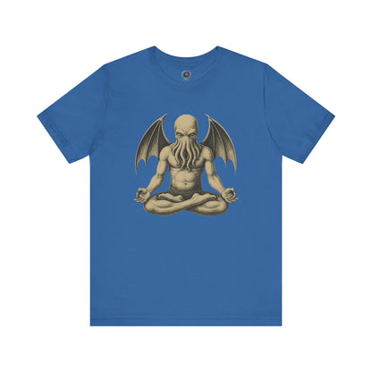 Meditating Cthulhu Shirt – Unisex Mythos Tee for Sci-Fi & Festival Fans in Columbia blue, a relaxed yet bold shirt for those who like their cosmic gods serene.