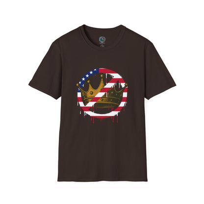 Chocolate No Kings Protest T-Shirt from WhimSpin with a graphic design featuring a crown with the "no" slashed circle symbol drawn in an American flag pattern on a white background