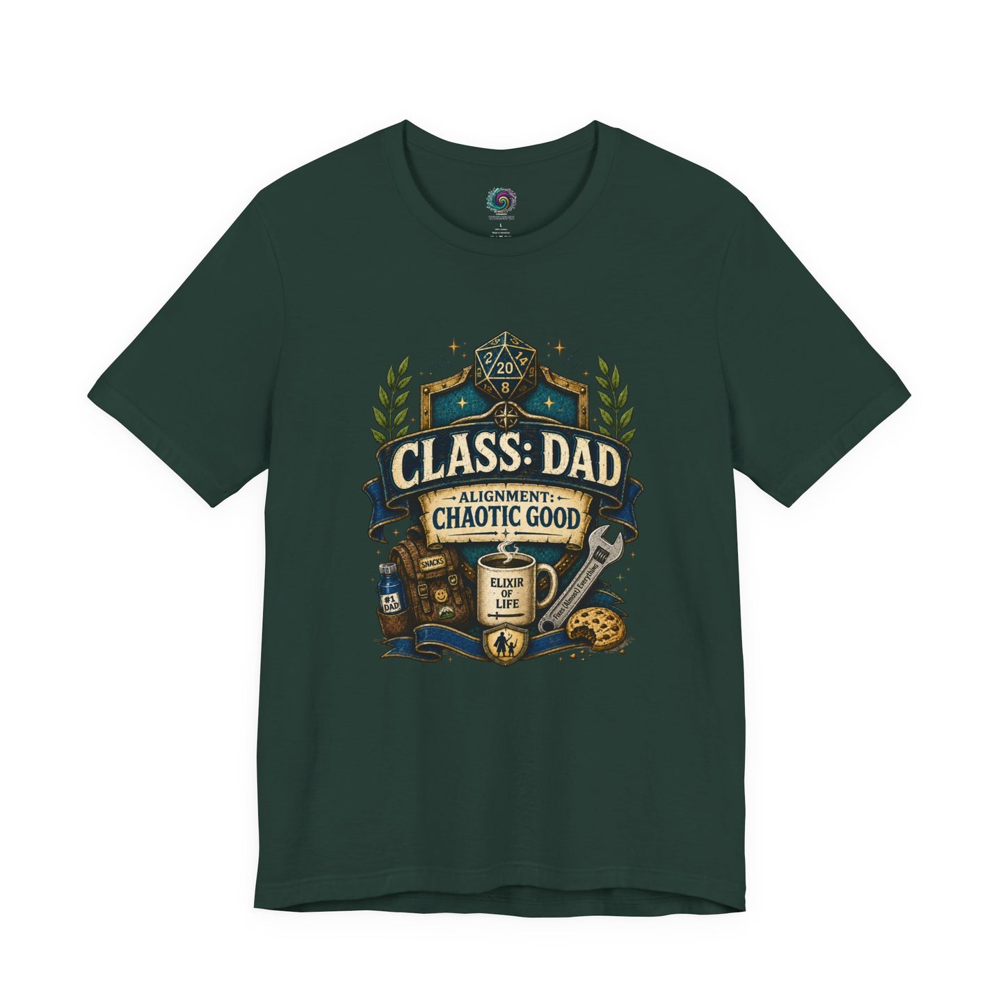 Forest green Chaotic Good Dad T-Shirt featuring fantasy RPG style dad emblem with snacks, tools, and D20 artwork