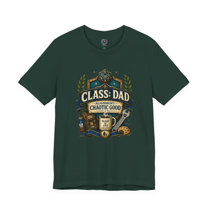 Forest green Chaotic Good Dad T-Shirt featuring fantasy RPG style dad emblem with snacks, tools, and D20 artwork