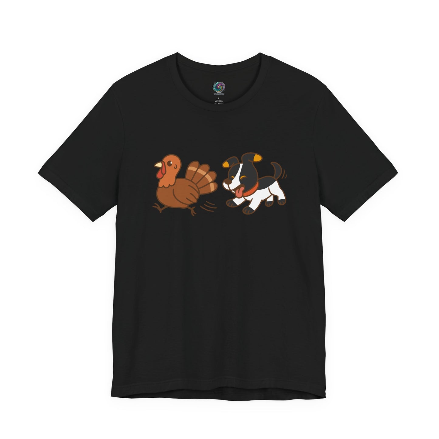 Dog Chasing Turkey T-Shirt – Funny Thanksgiving Dog Tee in black with cartoon dog chasing turkey artwork