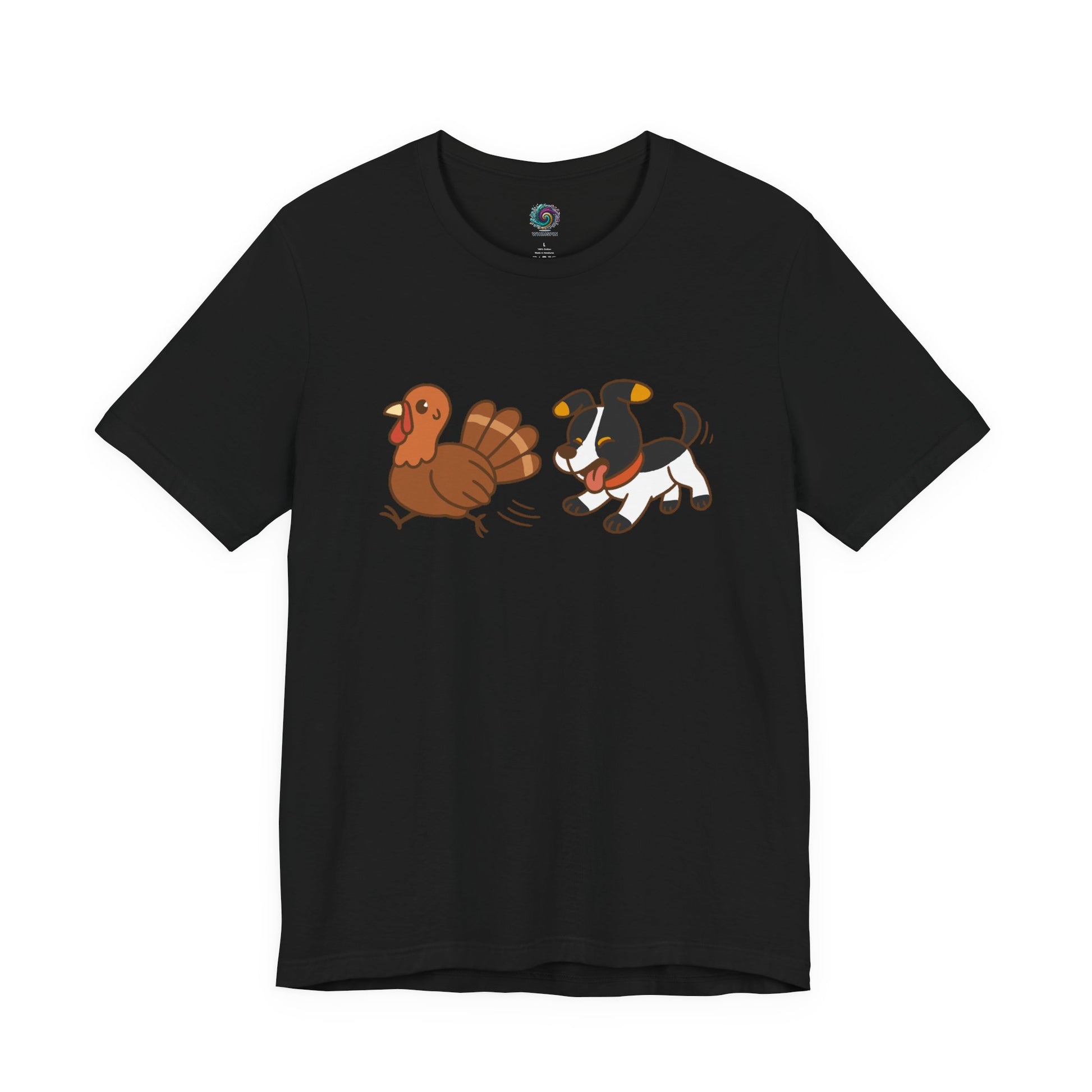 Dog Chasing Turkey T-Shirt – Funny Thanksgiving Dog Tee in black with cartoon dog chasing turkey artwork