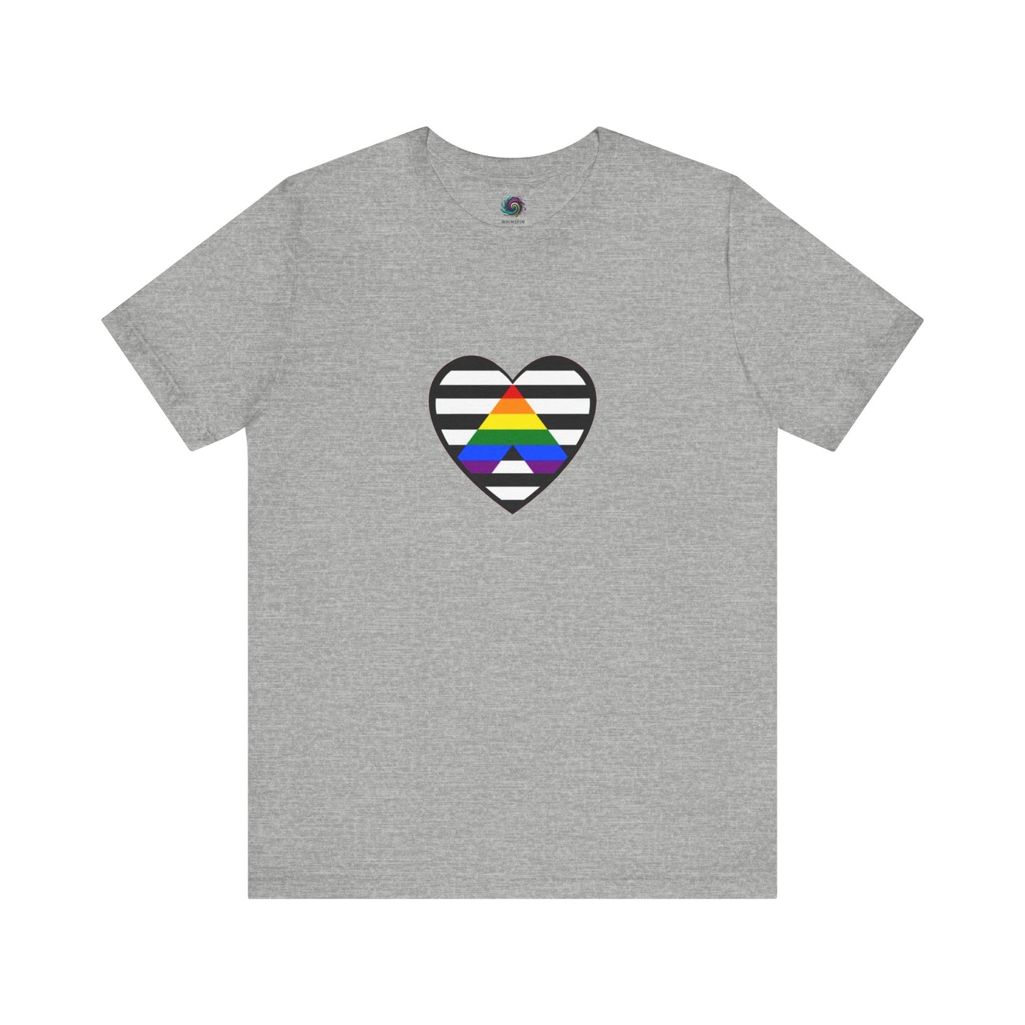 Heart Ally Flag T-Shirt – Subtle LGBTQ+ Support with Bold Pride in grey, with black and white stripes behind the rainbow arrow heart for clean, visible LGBTQ+ ally support.