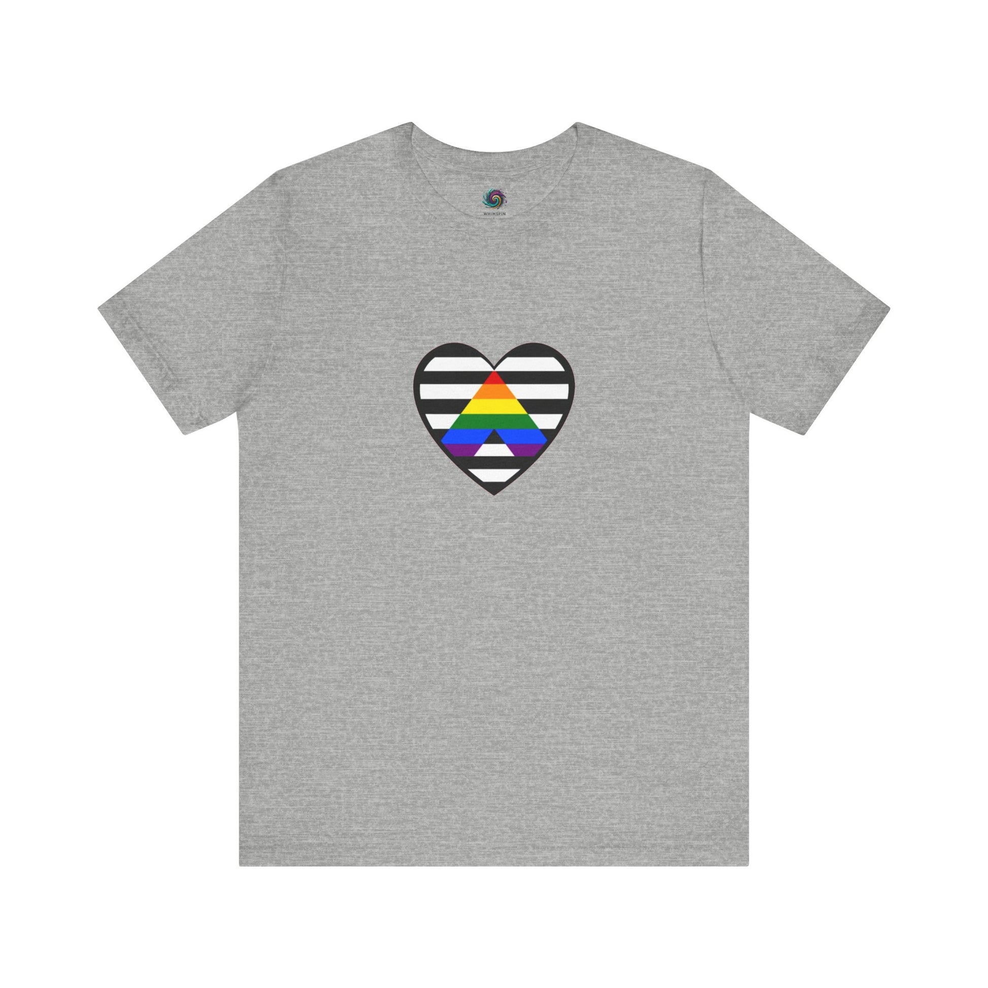 Heart Ally Flag T-Shirt – Subtle LGBTQ+ Support with Bold Pride in grey, with black and white stripes behind the rainbow arrow heart for clean, visible LGBTQ+ ally support.