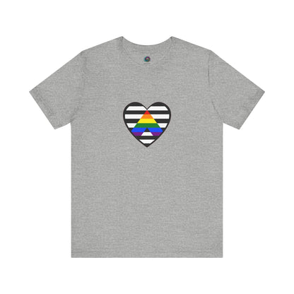 Heart Ally Flag T-Shirt – Subtle LGBTQ+ Support with Bold Pride in grey, with black and white stripes behind the rainbow arrow heart for clean, visible LGBTQ+ ally support.