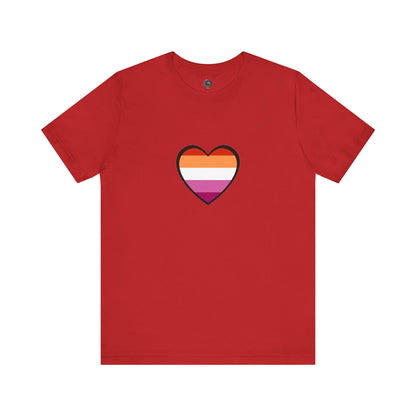 Lesbian Pride Flag Heart T-Shirt – Bold LGBTQ+ Graphic Tee in red, emphasizing the vivid hues of the lesbian heart symbol with LGBTQ+ statement energy.