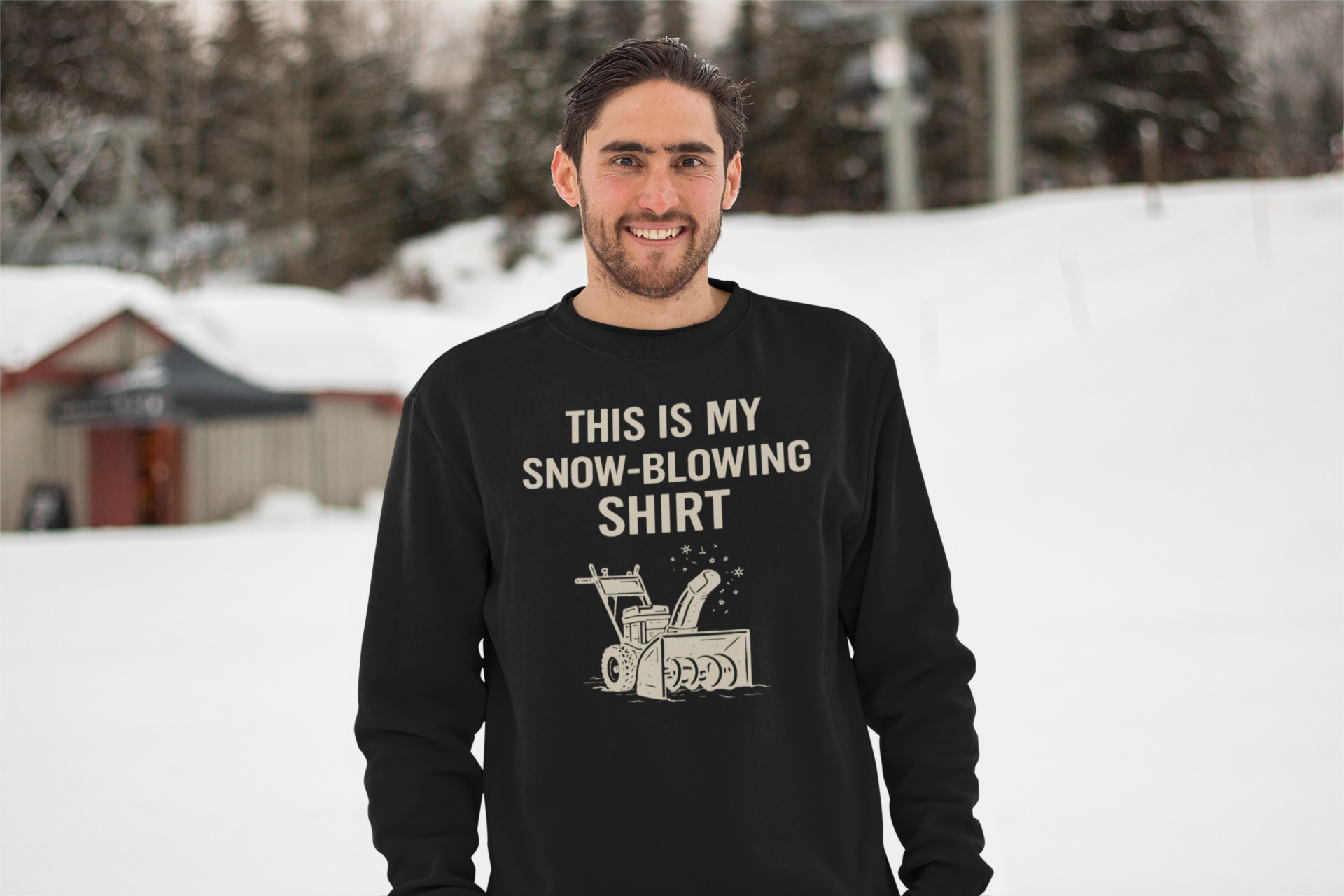 This Is My Snow-Blowing Shirt – Funny Winter Chore Sweatshirt styled outdoors in the snow, offering a classic dark look with bold snow blowing humor.